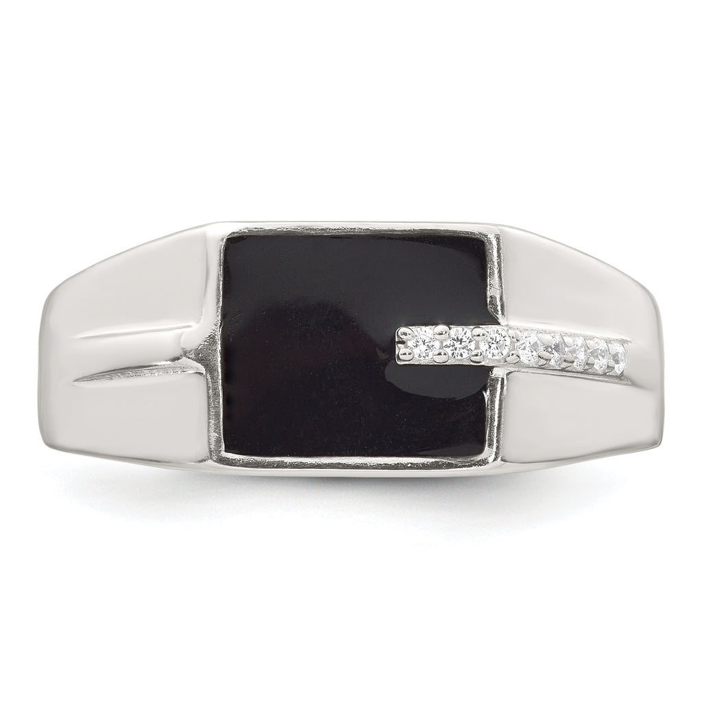 Sterling Silver Polished Black Enameled and White Cubic Zirconi Size 11 Mens Signet Ring