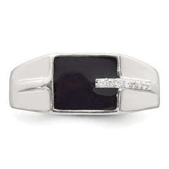 Sterling Silver Polished Black Enameled and White CZ Size 11 Mens Signet Ring