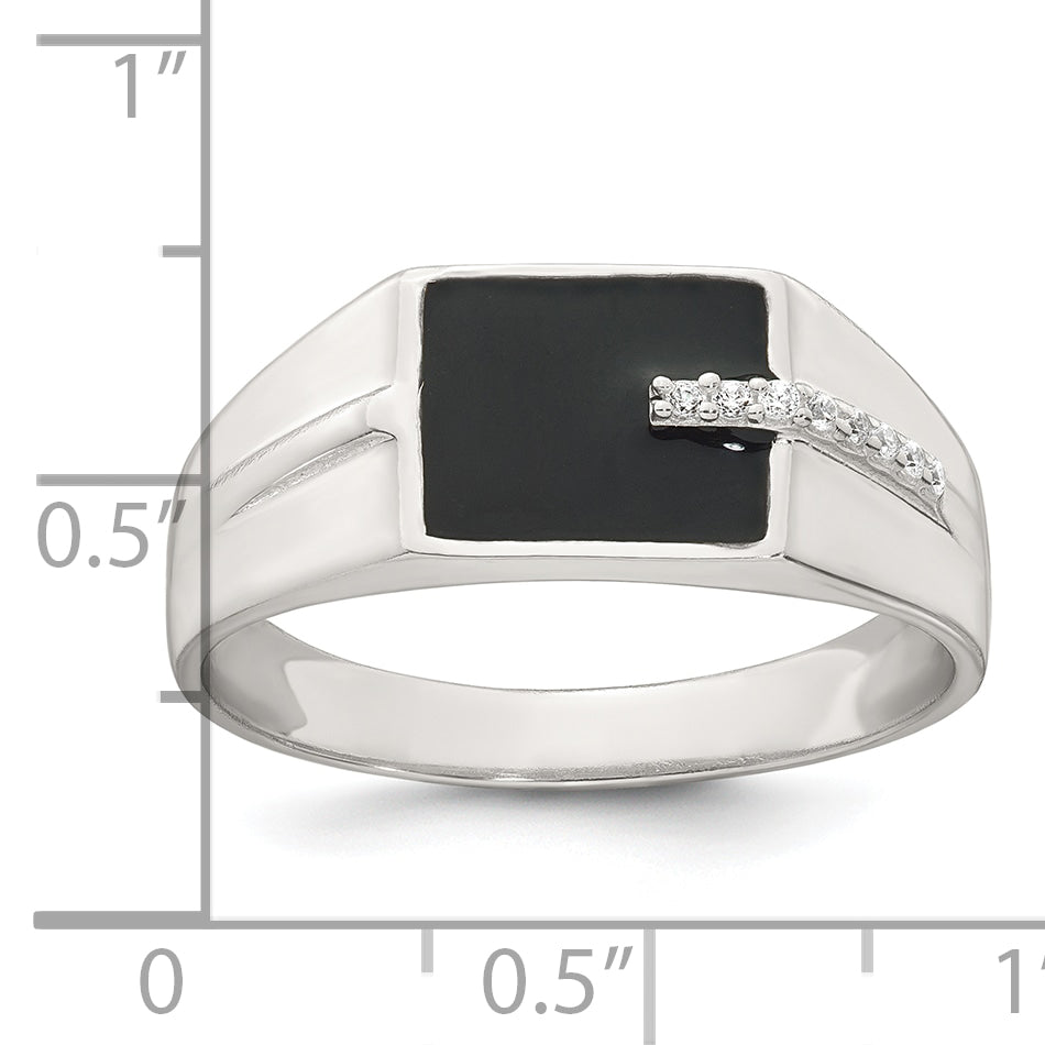 Sterling Silver Polished Black Enameled and White Cubic Zirconi Size 11 Mens Signet Ring