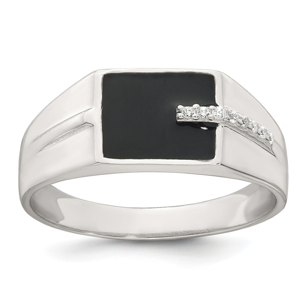 Sterling Silver Polished Black Enameled and White CZ Size 11 Mens Signet Ring