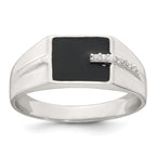 Sterling Silver Polished Black Enameled and White CZ Size 11 Mens Signet Ring