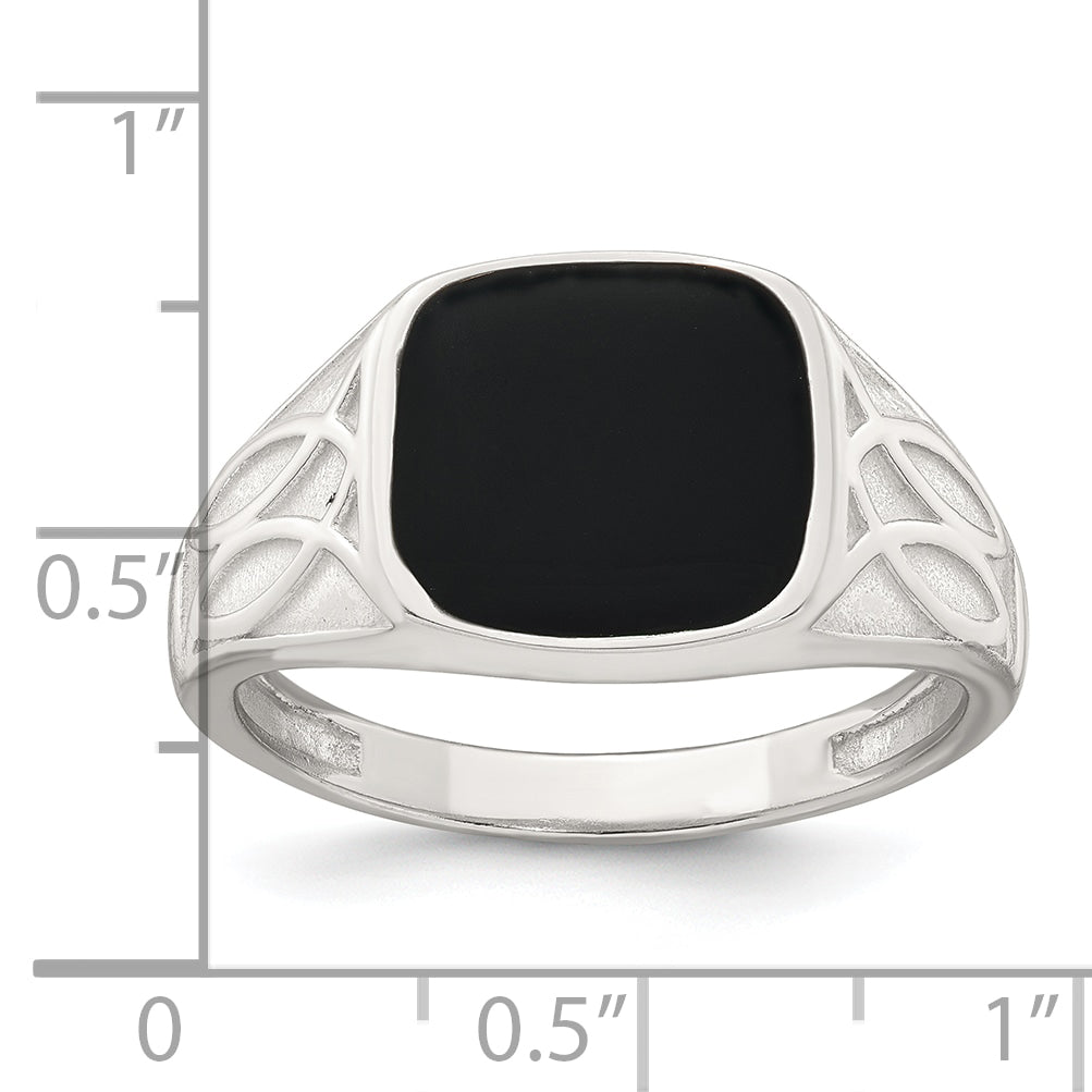 Sterling Silver Polished and Textured Black Enameled Size 11 Mens Signet Ring