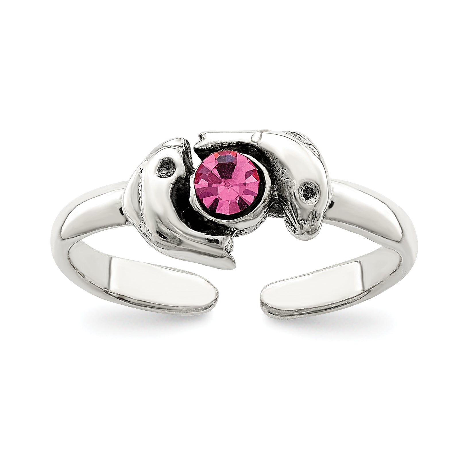 Sterling Silver Antiqued Pink CZ Dolphin Toe Ring Main image