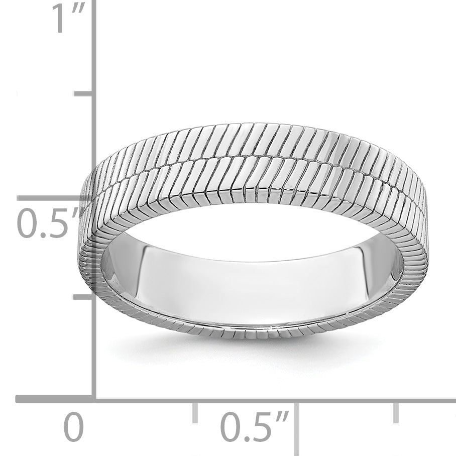 Sterling Silver Rhodium-plated Polished and Textured 5.00mm Band Size 11 Mens Ring