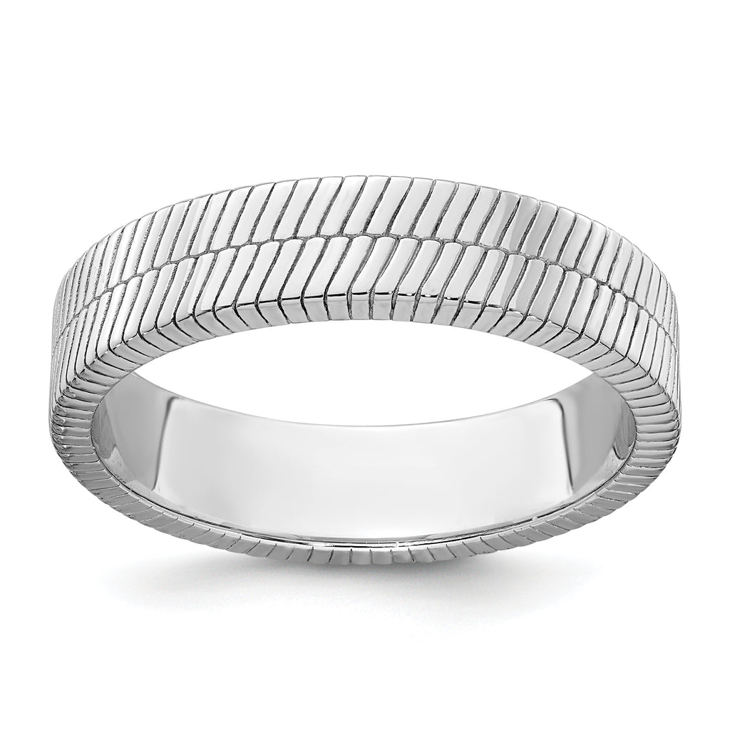 Sterling Silver Rhodium-plated Polished and Textured 5.00mm Band Size 11 Mens Ring