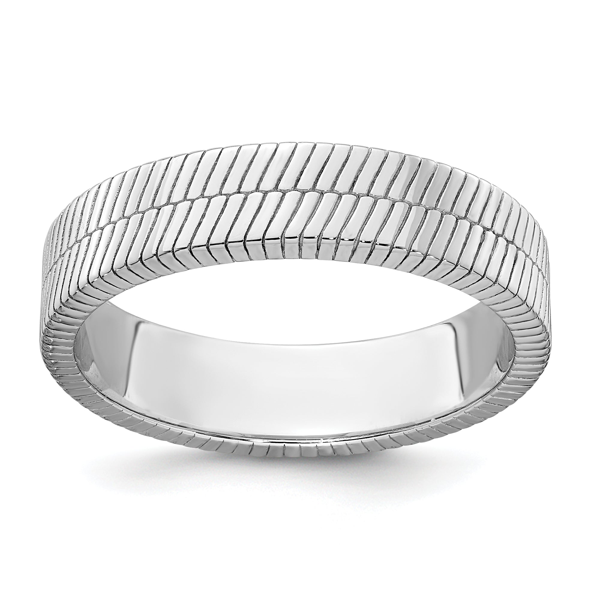 Sterling Silver Rhodium-plated Polished and Textured 5.00mm Band Size 11 Mens Ring