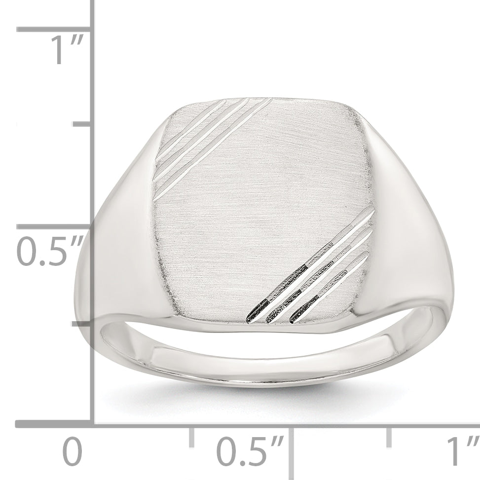 Sterling Silver Polished Brushed and Grooved 15.3mm x 13.2mm Rectangle Closed Back Size 11 Mens Signet Ring