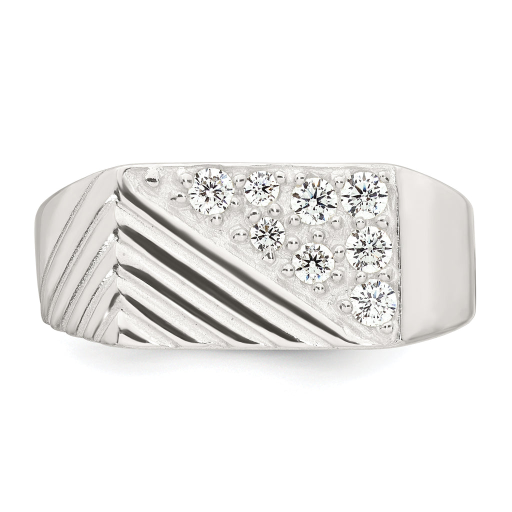 Sterling Silver Polished and Grooved White CZ Size 11 Mens Ring
