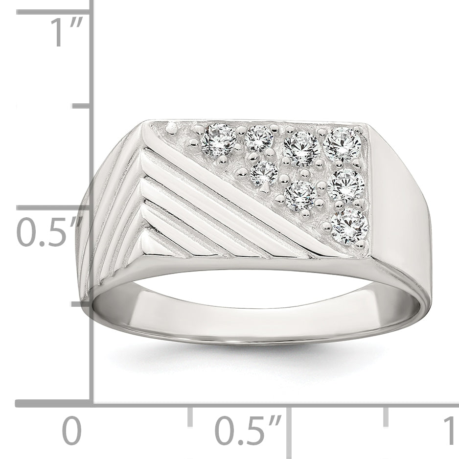Sterling Silver Polished and Grooved White CZ Size 11 Mens Ring