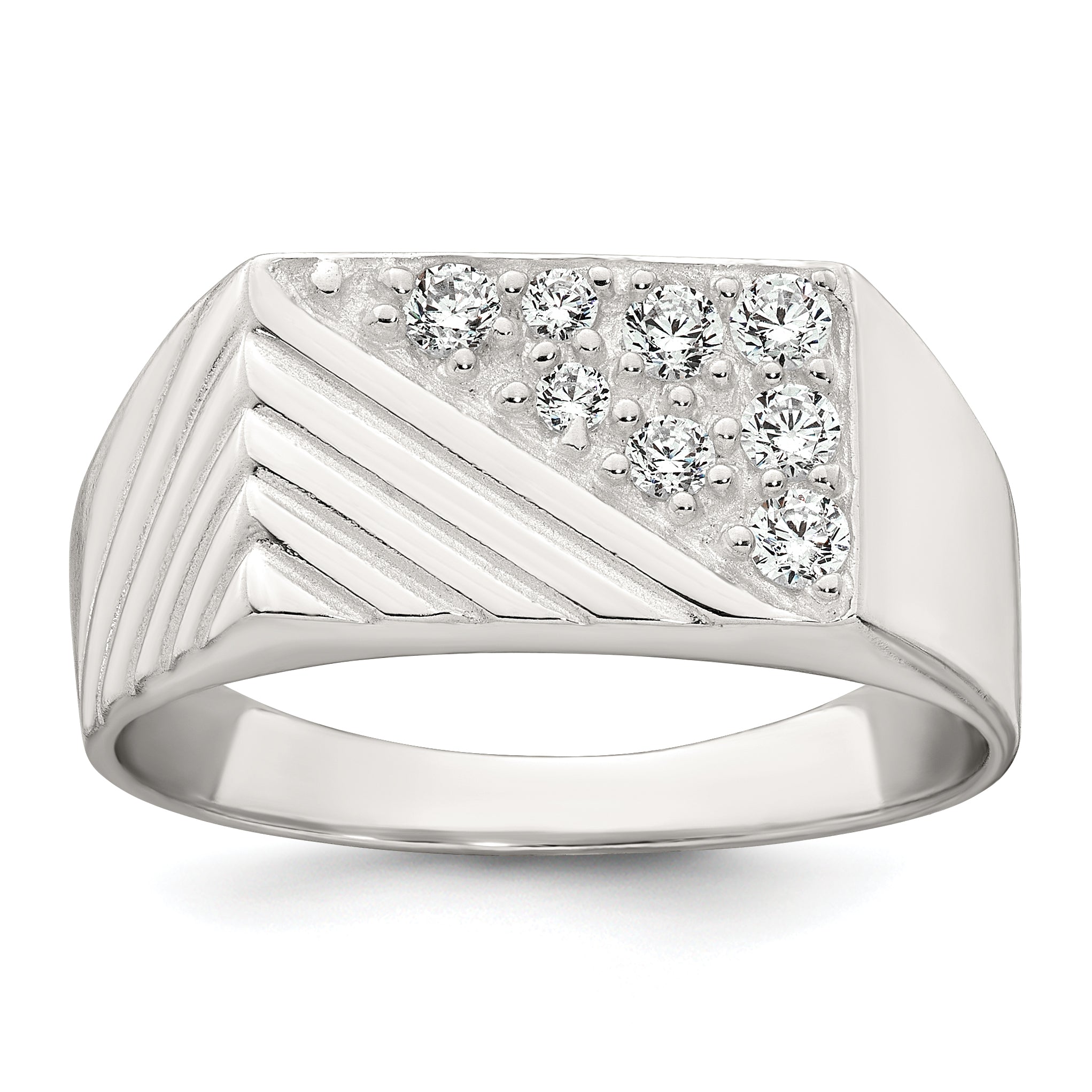 Sterling Silver Polished and Grooved White CZ Size 11 Mens Ring