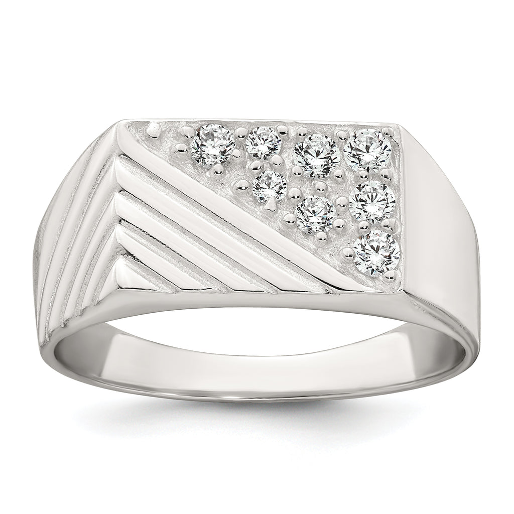 Sterling Silver Polished and Grooved White CZ Size 11 Mens Ring
