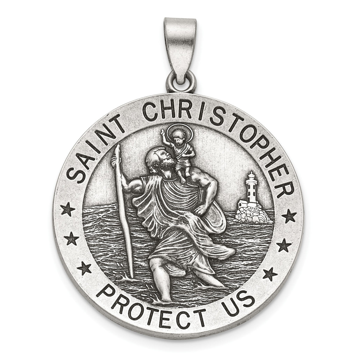 Antique Round St. Christopher Medal in Sterling Silver, 29mm - Sophia Jewelers