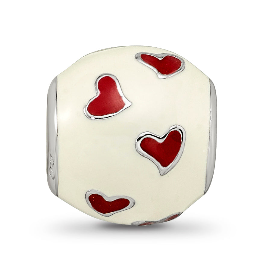 Sterling Silver Reflections Rhodium-plated Red & White Enamel Heart Bead