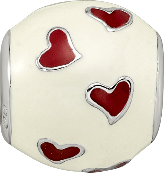 Sterling Silver Reflections Rhodium-plated Red & White Enamel Heart Bead
