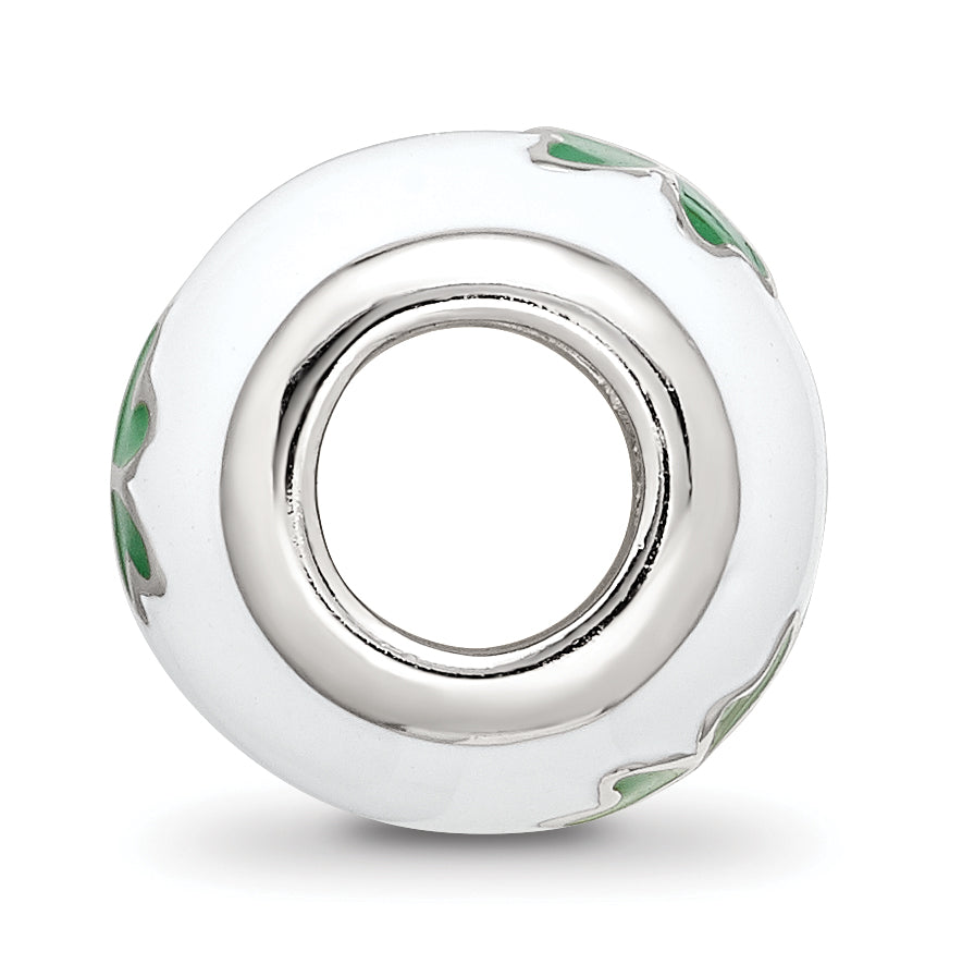 Sterling Silver Reflections Rhodium-plated White & Green Enamel Clover Bead