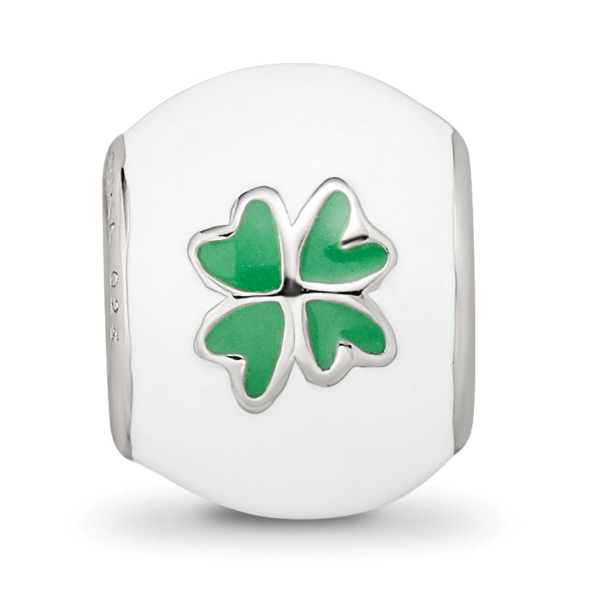 Sterling Silver Reflections Rhodium-plated White & Green Enamel Clover Bead