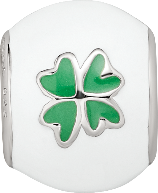 Sterling Silver Reflections Rhodium-plated White & Green Enamel Clover Bead