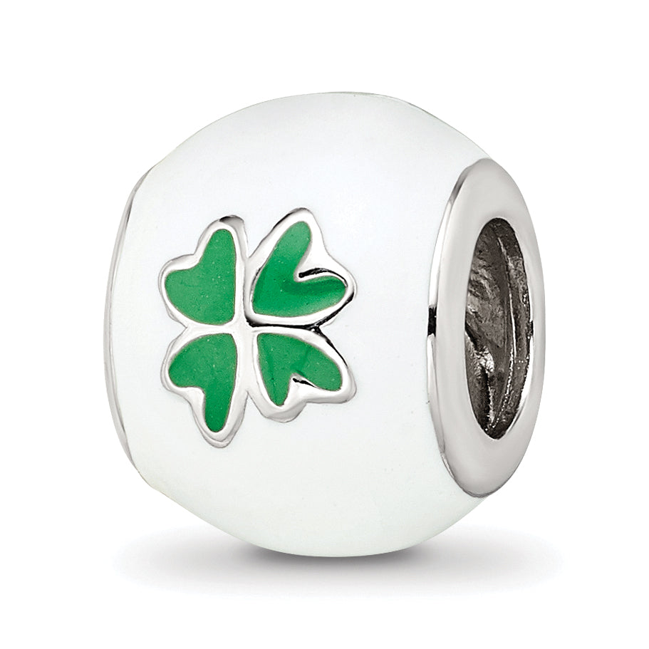 Sterling Silver Reflections Rhodium-plated White & Green Enamel Clover Bead Main image