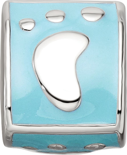 SS Reflections Rh-plated Blue Enamel 3-side Baby Footprint Bead