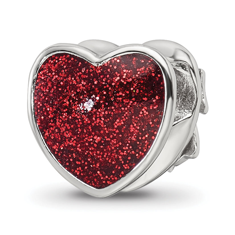 Sterling Silver Reflections Rhodium-plated Red Enameled Heart Bead