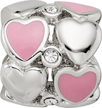 Sterling Silver Reflections Pink Enamel Crystal Hearts Bead