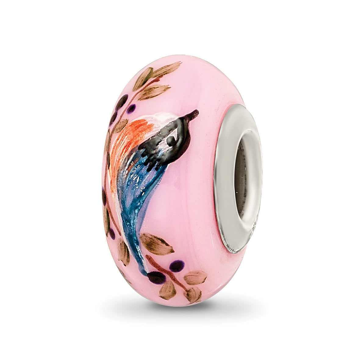 Ster.Silver Reflections Pink Hand Painted Nuthatch Fenton Glass Bead Main image