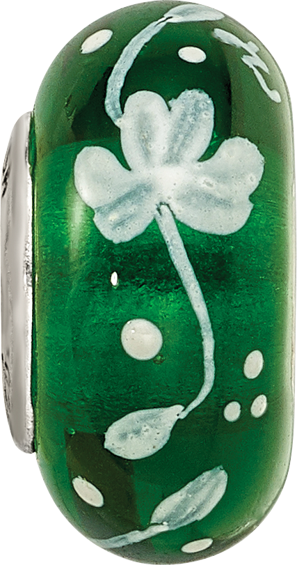 Ster.Silver Reflections Hand Painted Clover Floral Fenton Glass Bead