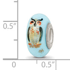Ster.Silver Reflections Blue Hand Painted Wisdom Owl Fenton Glass Bead