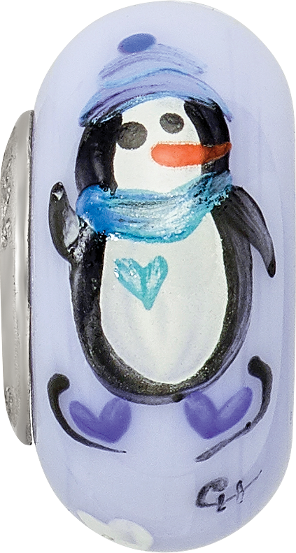 Sterling Silver Blue Hand Painted Penguins Fenton Glass Bead