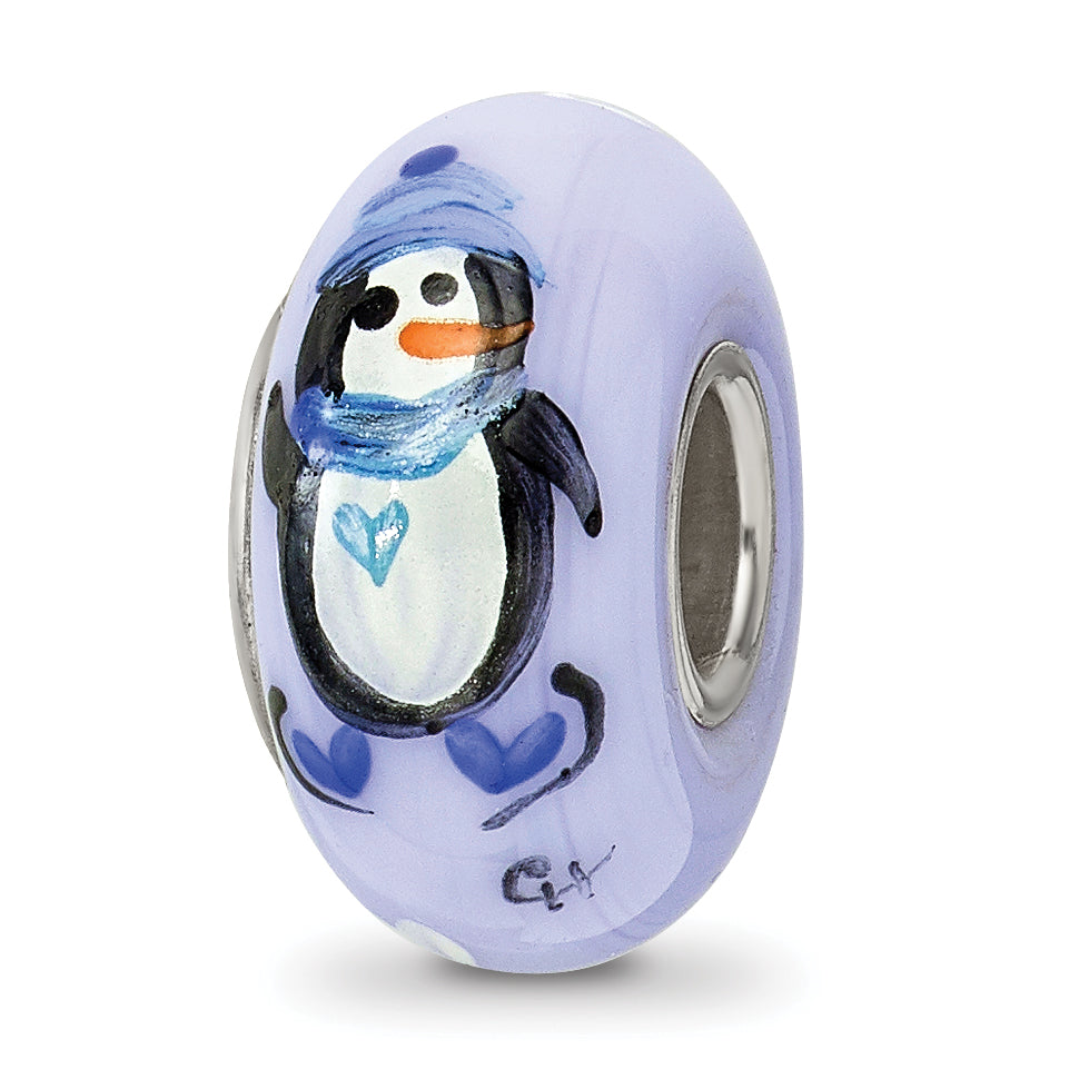 Sterling Silver Blue Hand Painted Penguins Fenton Glass Bead Main image