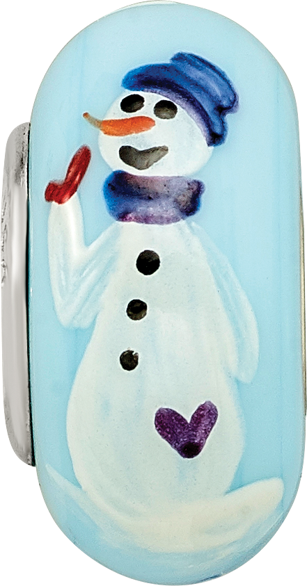 Ster.Silver Reflections Blue Hand Painted Snowman Fenton Glass Bead