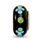 Ster.Silver Reflections Black Hand Painted Blue Floral Fenton Glass Bead