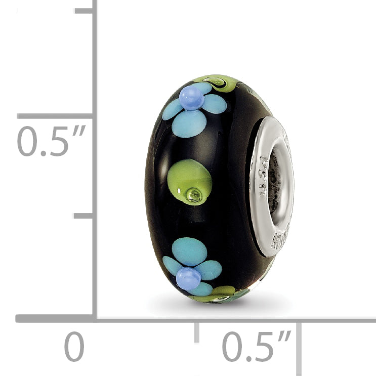Ster.Silver Reflections Black Hand Painted Blue Floral Fenton Glass Bead
