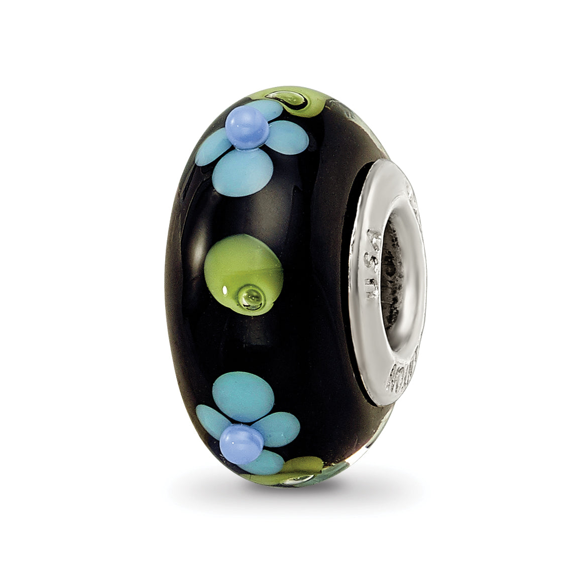 Ster.Silver Reflections Black Hand Painted Blue Floral Fenton Glass Bead Main image