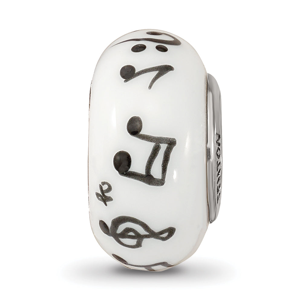Ster.Silver Reflections White Hand Painted Music Notes Fenton Glass Bead