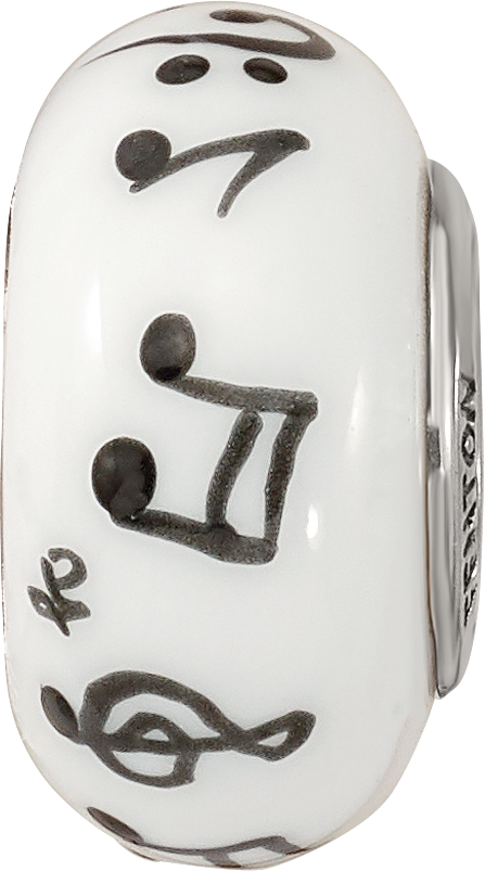 Ster.Silver Reflections White Hand Painted Music Notes Fenton Glass Bead