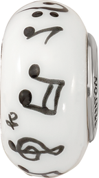 Ster.Silver Reflections White Hand Painted Music Notes Fenton Glass Bead