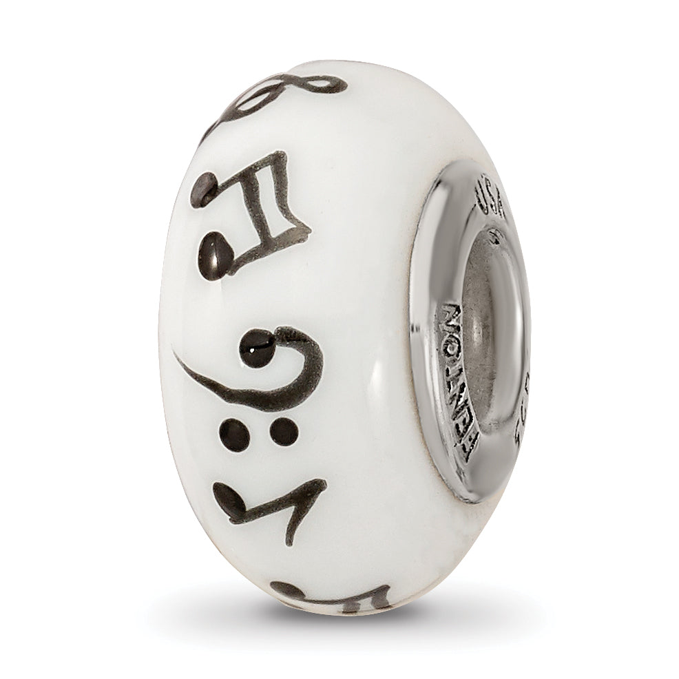 Ster.Silver Reflections White Hand Painted Music Notes Fenton Glass Bead