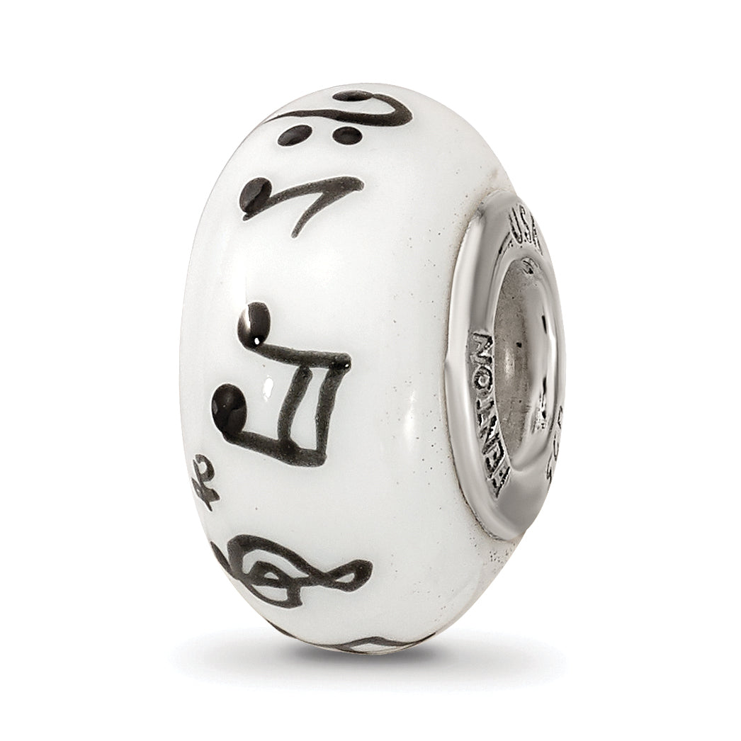 Ster.Silver Reflections White Hand Painted Music Notes Fenton Glass Bead Main image