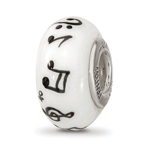 Reflection Beads Sterling Silver White Hand-Painted Music Notes Fenton Glass Bead - Sophia Jewelers
