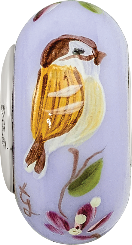 Ster.Silver Reflections Hand Painted Sparrow Fenton Glass Bead
