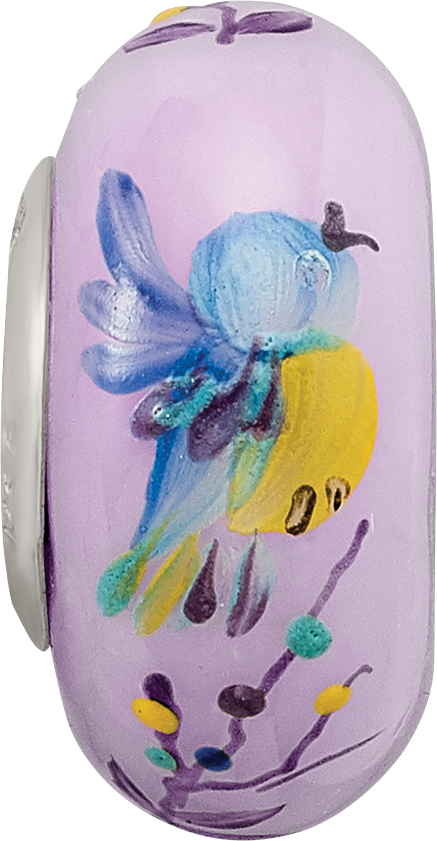 Ster.Silver Reflections Hand Painted TJ Bird Floral Fenton Glass Bead