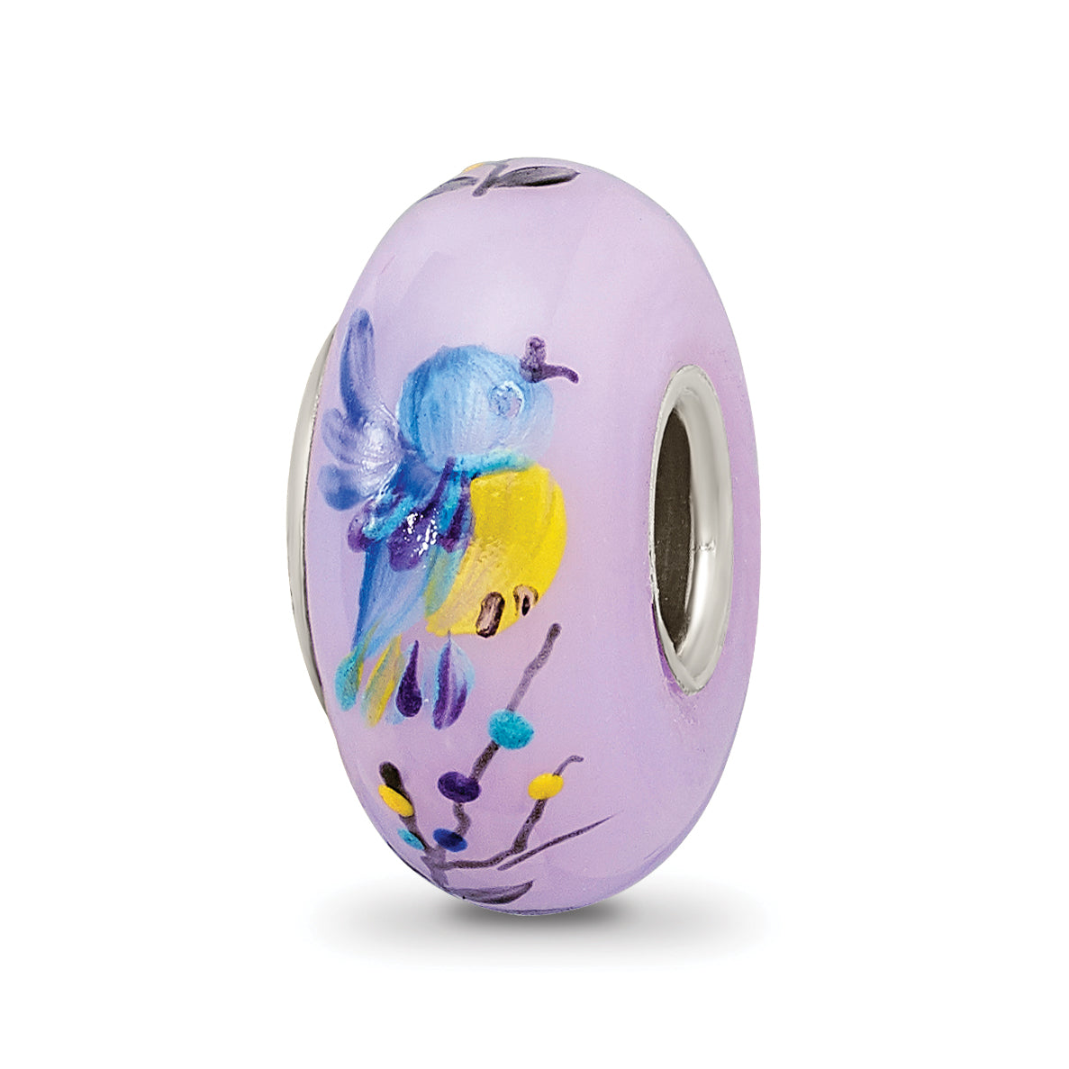 Ster.Silver Reflections Hand Painted TJ Bird Floral Fenton Glass Bead Main image
