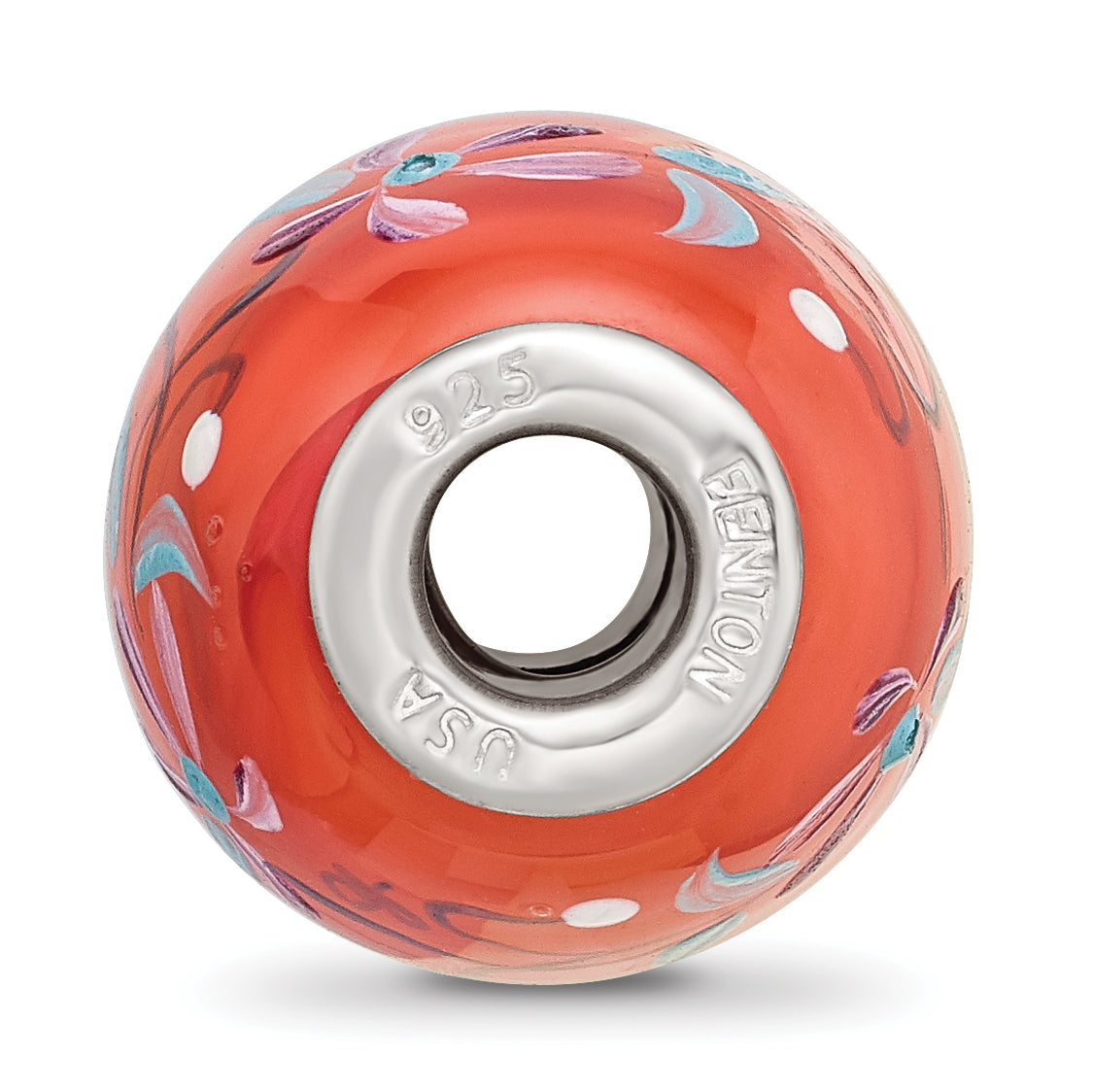 Ster.Silver Reflections Orange Hand Painted Floral Fenton Glass Bead Secondary image