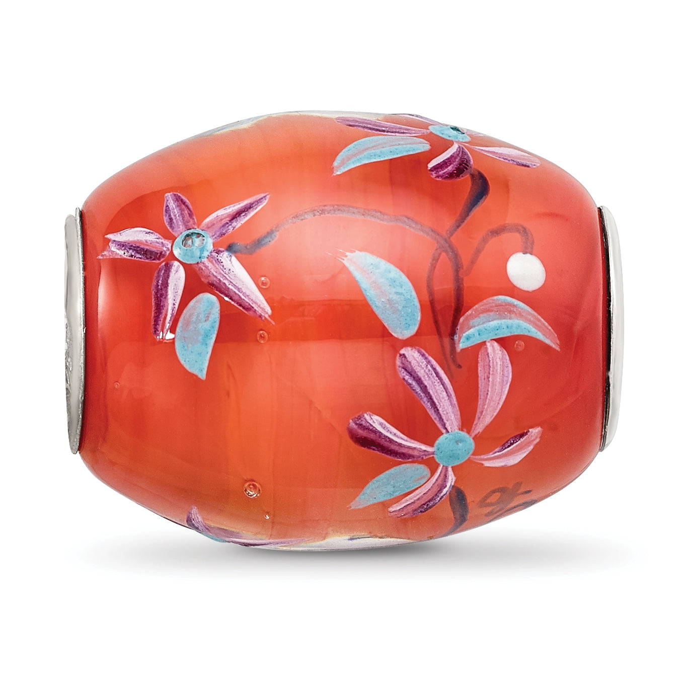 Ster.Silver Reflections Orange Hand Painted Floral Fenton Glass Bead