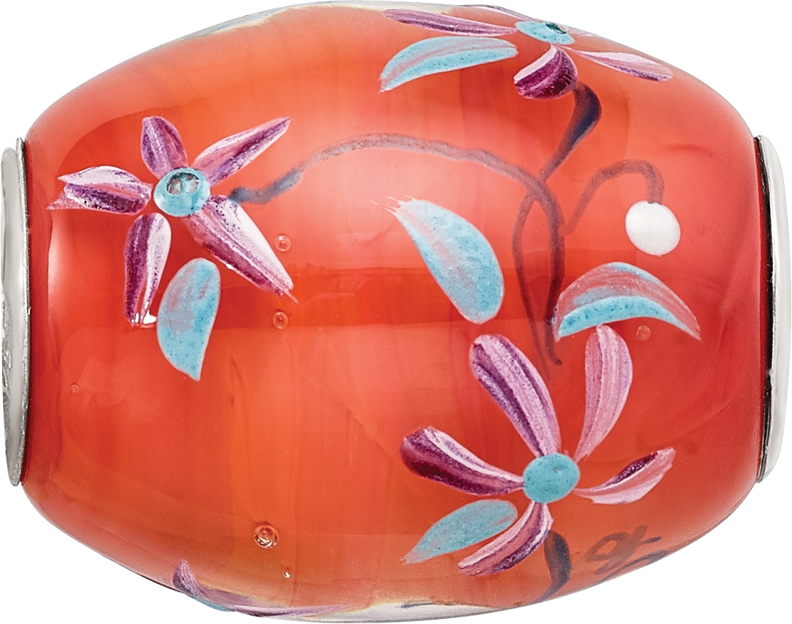 Ster.Silver Reflections Orange Hand Painted Floral Fenton Glass Bead