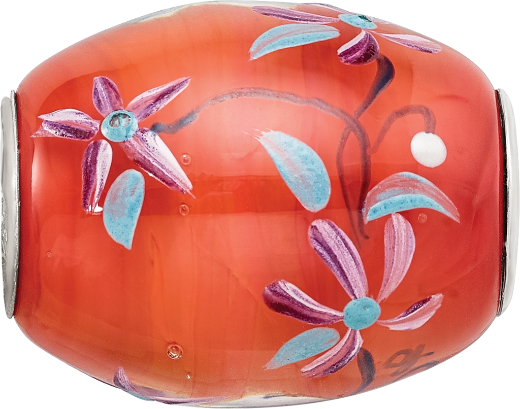 Ster.Silver Reflections Orange Hand Painted Floral Fenton Glass Bead