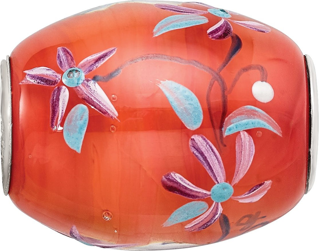 Reflection Beads Sterling Silver Orange Hand-Painted Floral Fenton Glass Bead - Sophia Jewelers