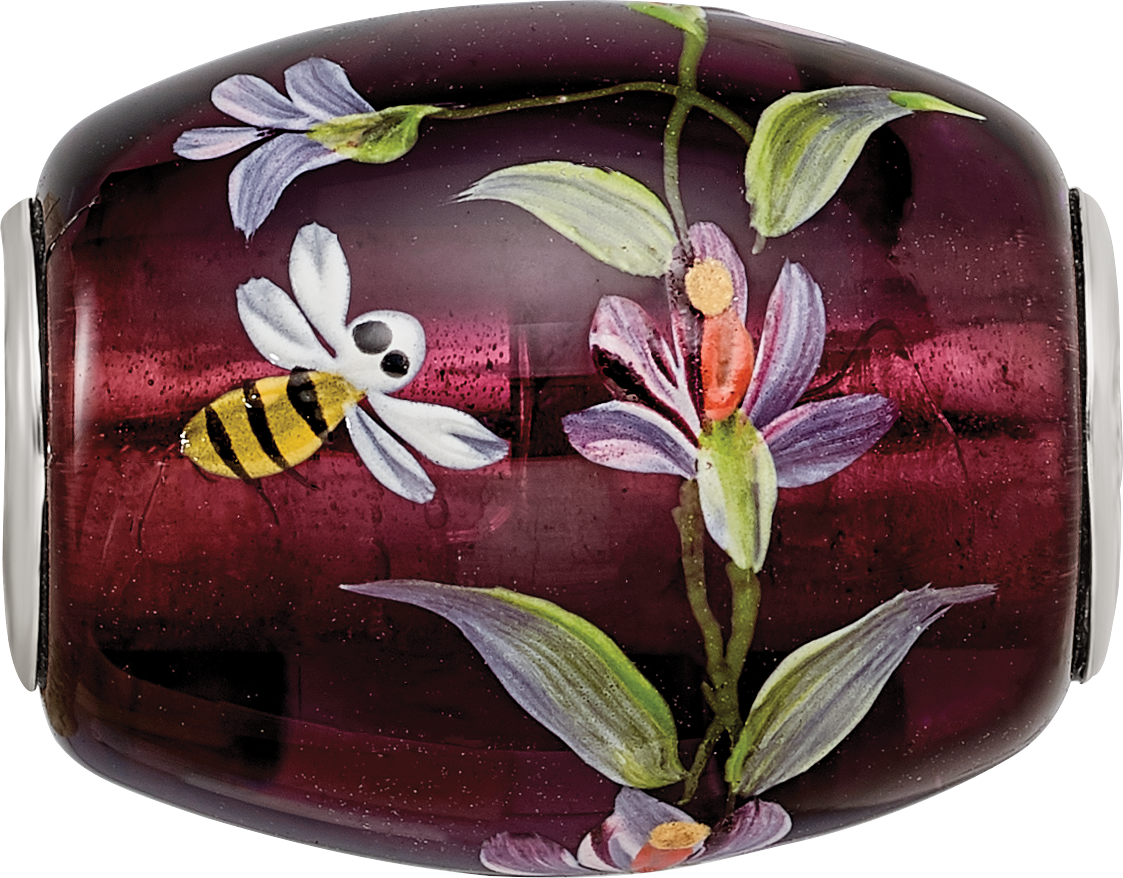 Ster.Silver Reflections Purple Hand Painted Magnolias Fenton Glass Bead