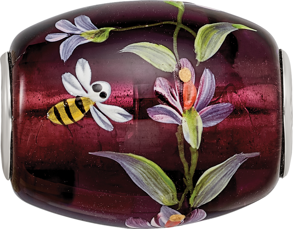 Ster.Silver Reflections Purple Hand Painted Magnolias Fenton Glass Bead